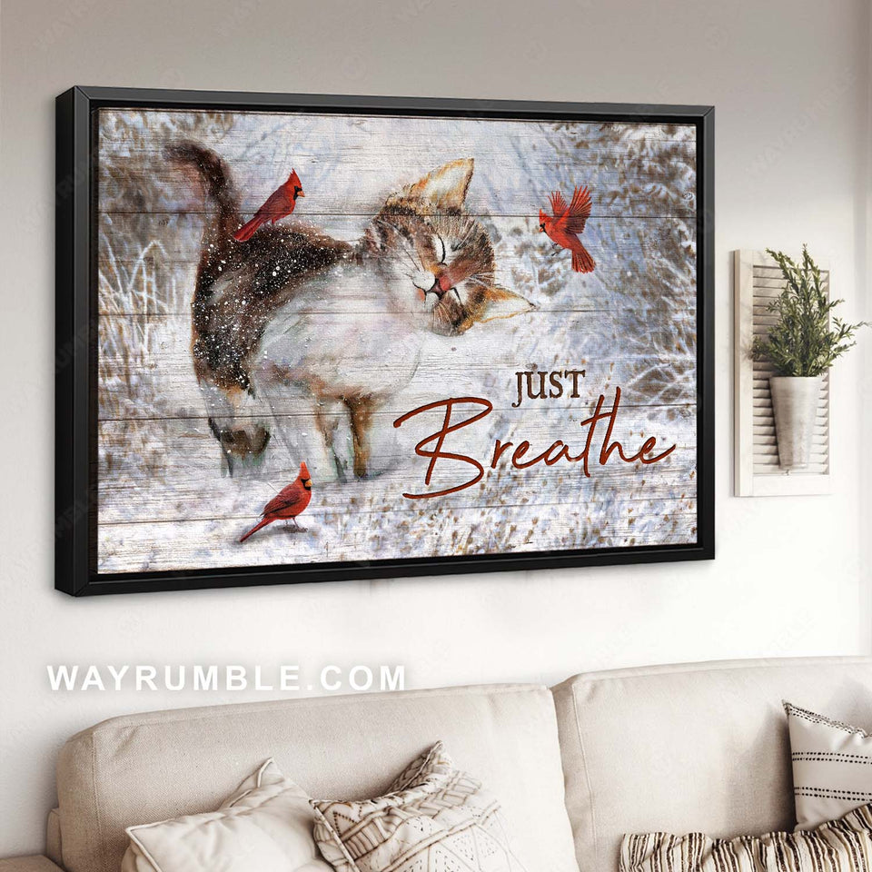 Cat painting, Lovely kitten, Red cardinal, Winter season drawing, Just breathe - Jesus Landscape Canvas Prints, Home Decor Wall Art