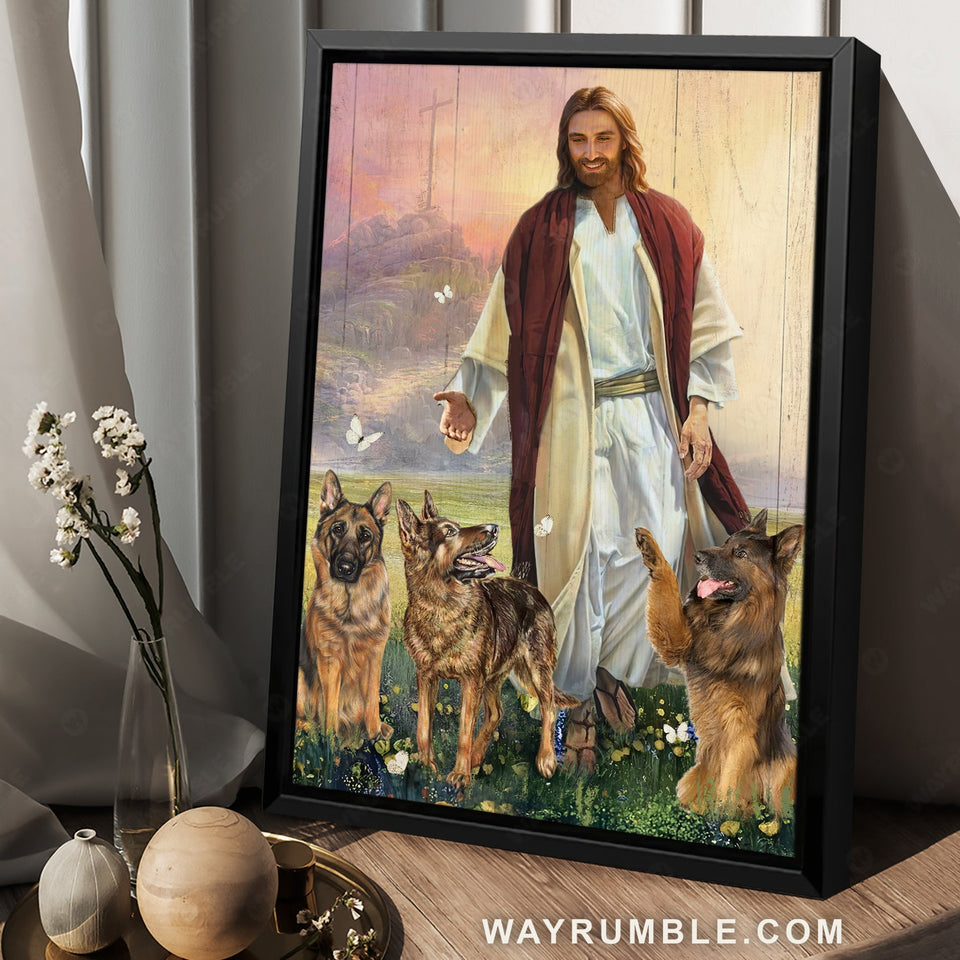 German Shepherd, Dog lover, White butterfly, Flower field, Abstract Jesus painting - Jesus Portrait Canvas Prints, Christian Wall Art