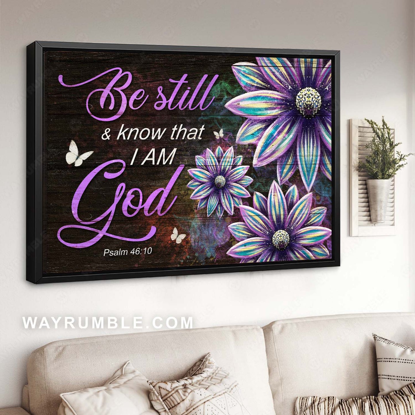 Abstract flower painting, White butterfly, Bible verse, Be still & know that I am God - Jesus Landscape Canvas Prints, Home Decor Wall Art