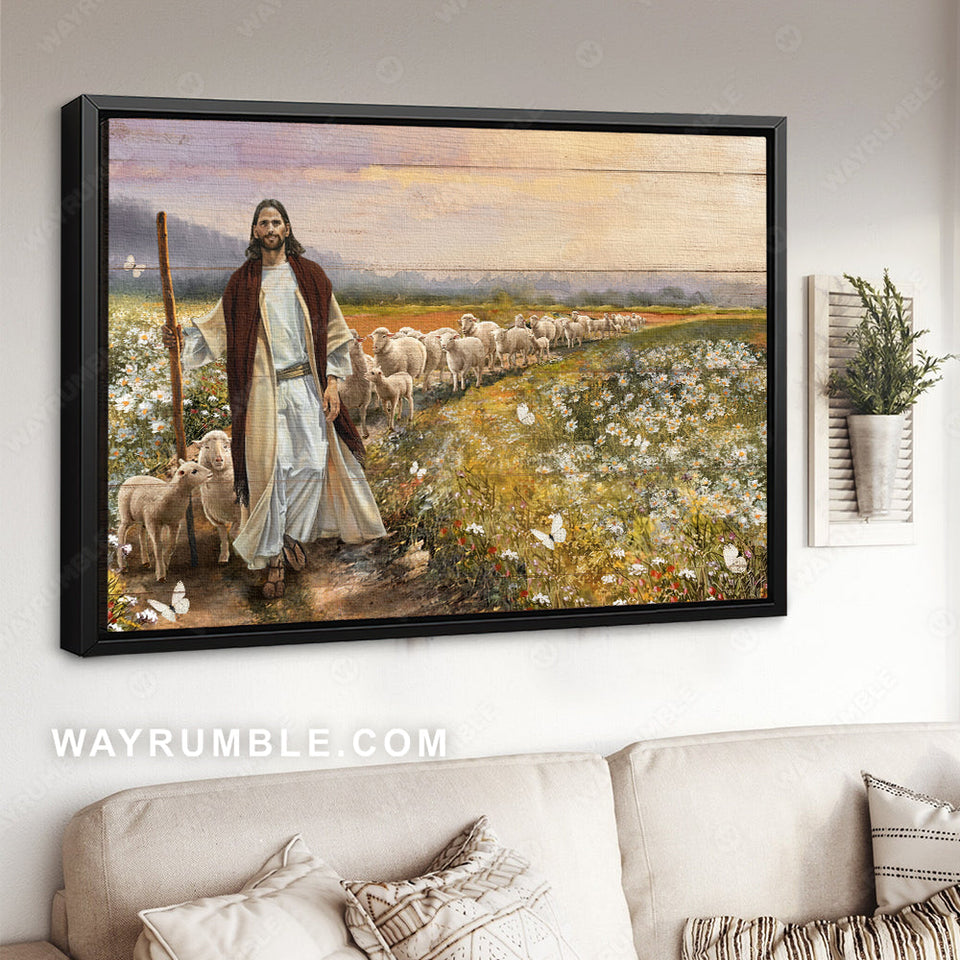 Lamb of God, Daisy flower, White butterfly, Jesus painting, Walking with lambs - Jesus Landscape Canvas Prints, Christian Wall Art