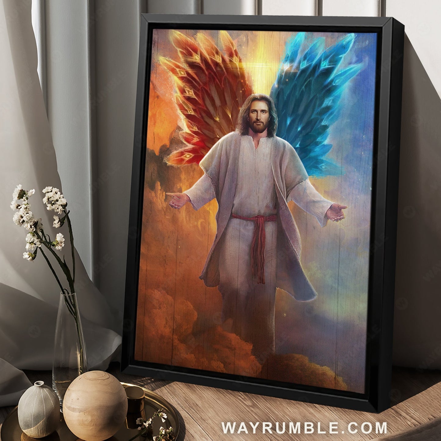 Abstract Jesus painting, Watercolor wings drawing, Amazing skies behind God - Jesus Portrait Canvas Prints, Christian Wall Art