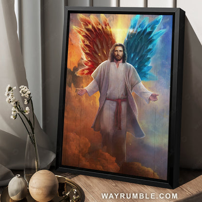 Abstract Jesus painting, Watercolor wings drawing, Amazing skies behind God - Jesus Portrait Canvas Prints, Christian Wall Art