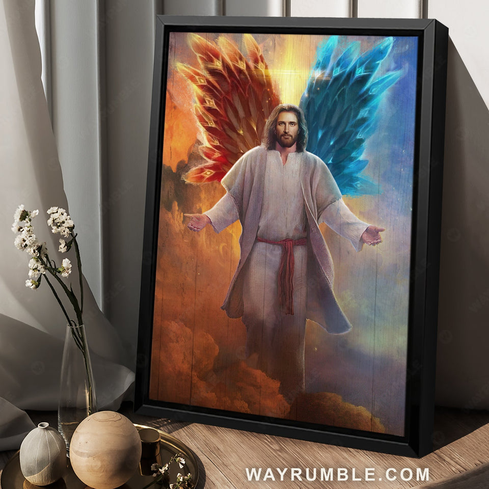 Abstract Jesus painting, Watercolor wings drawing, Amazing skies behind God - Jesus Portrait Canvas Prints, Christian Wall Art