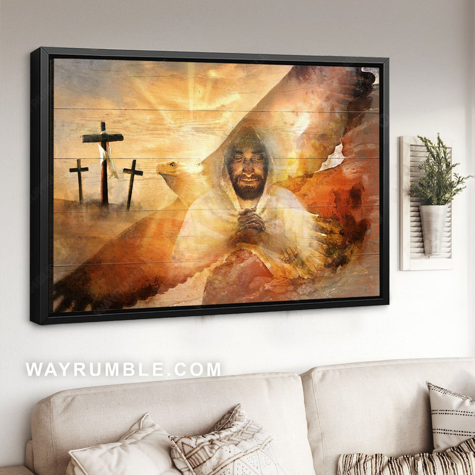 Abstract Jesus painting, Bald eagle, Three wooden crosses, The Lord's prayer - Jesus Landscape Canvas Prints, Christian Wall Art