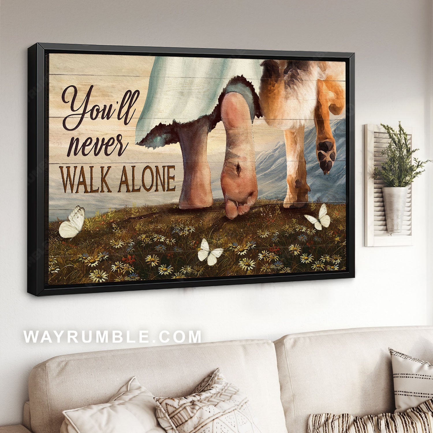 German Shepherd, Dog lover, White butterfly, Daisy field, You'll never walk alone - Jesus Landscape Canvas Prints, Christian Wall Art