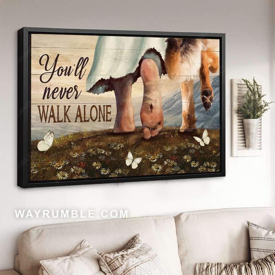 German Shepherd, Dog lover, White butterfly, Daisy field, You'll never walk alone - Jesus Landscape Canvas Prints, Christian Wall Art