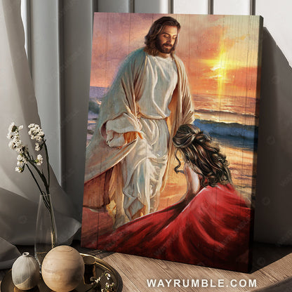 Abstract Jesus painting, On the beach, Beautiful sunset, Kneeling before God - Jesus Portrait Canvas Prints, Christian Wall Art
