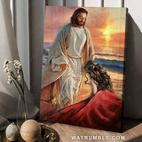 Abstract Jesus painting, On the beach, Beautiful sunset, Kneeling before God - Jesus Portrait Canvas Prints, Christian Wall Art
