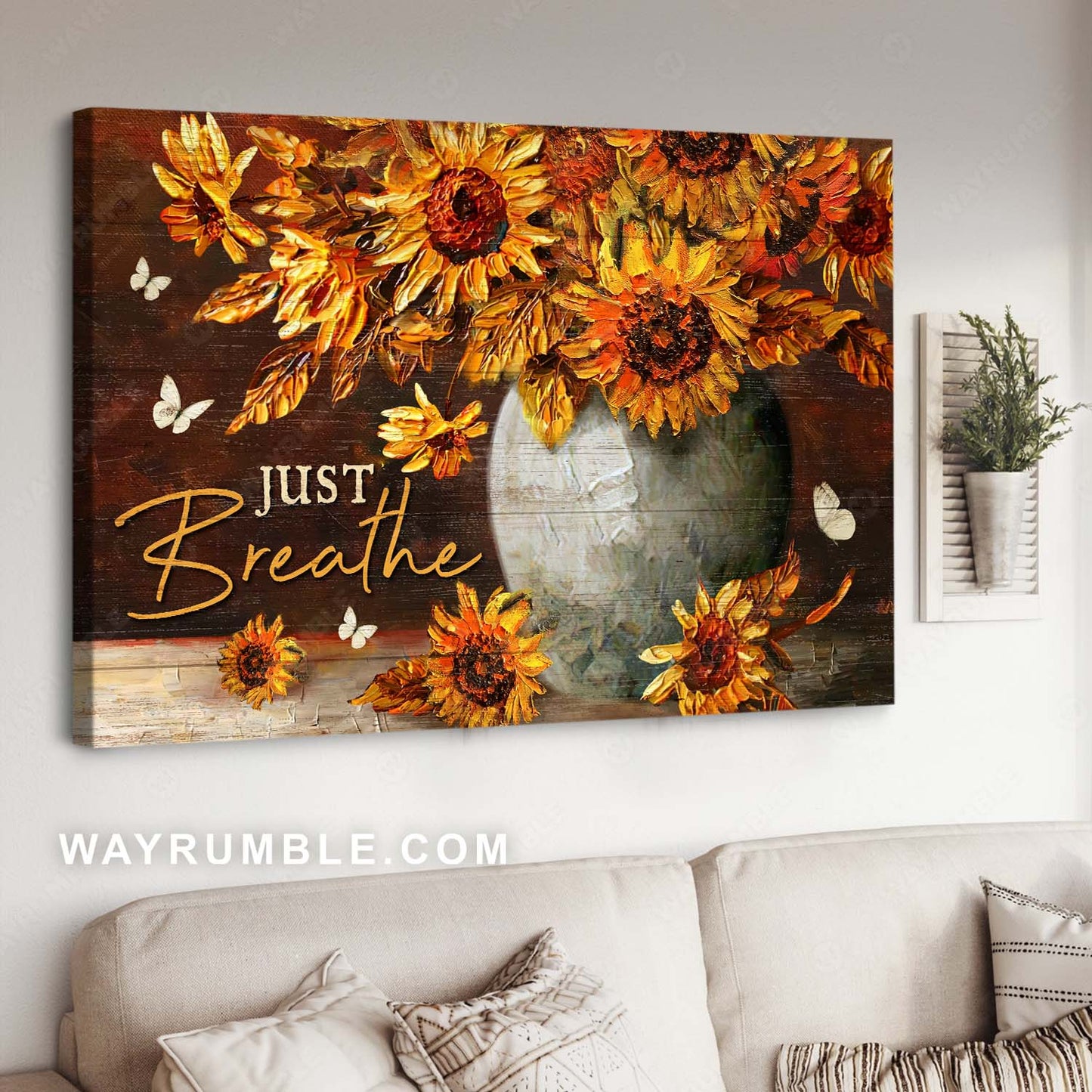 Abstract sunflower painting, White butterfly, Motivational quote, Just breathe - Jesus Landscape Canvas Prints, Home Decor Wall Art