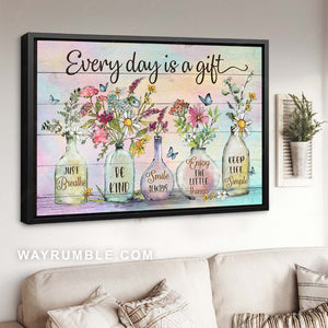 Watercolor flower painting, Rustic flower vase, Blue butterfly, Every day is a gift - Jesus Landscape Canvas Prints, Home Decor Wall Art
