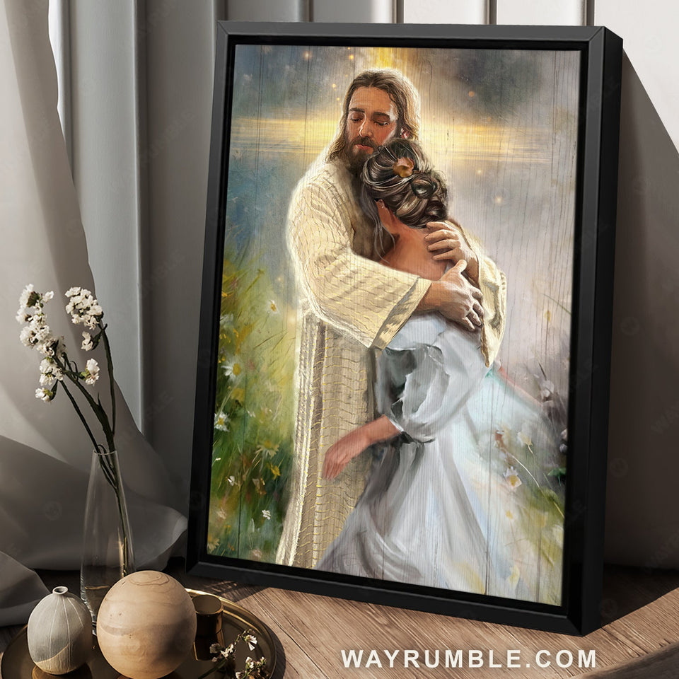 Abstract Jesus painting, Jesus hug, Religious gift, Daisy field, In the arms of God - Jesus Portrait Canvas Prints, Christian Wall Art