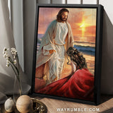 Abstract Jesus painting, On the beach, Beautiful sunset, Kneeling before God - Jesus Portrait Canvas Prints, Christian Wall Art