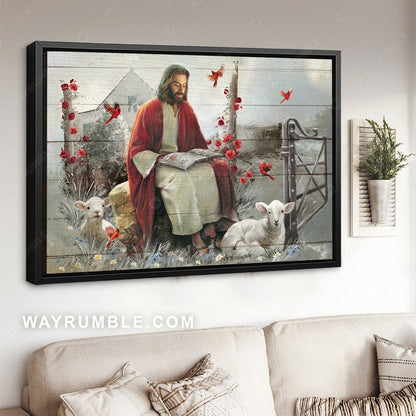 Abstract Jesus painting, Lamb of God, Red cardinal, Rustic garden - Jesus Landscape Canvas Prints, Christian Wall Art