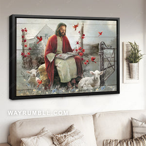 Abstract Jesus painting, Lamb of God, Red cardinal, Rustic garden - Jesus Landscape Canvas Prints, Christian Wall Art