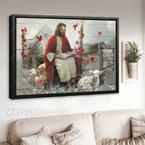 Abstract Jesus painting, Lamb of God, Red cardinal, Rustic garden - Jesus Landscape Canvas Prints, Christian Wall Art