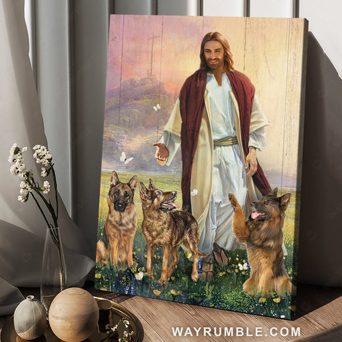 German Shepherd, Dog lover, White butterfly, Flower field, Abstract Jesus painting - Jesus Portrait Canvas Prints, Christian Wall Art