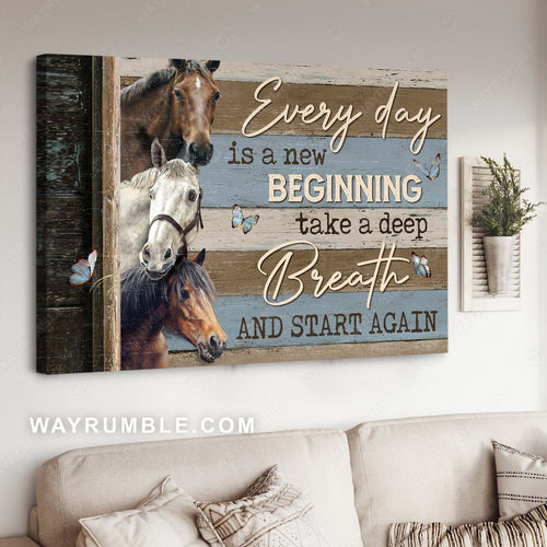Horse painting, Blue butterfly, Motivational quote, Every day is a new beginning - Jesus Landscape Canvas Prints, Home Decor Wall Art