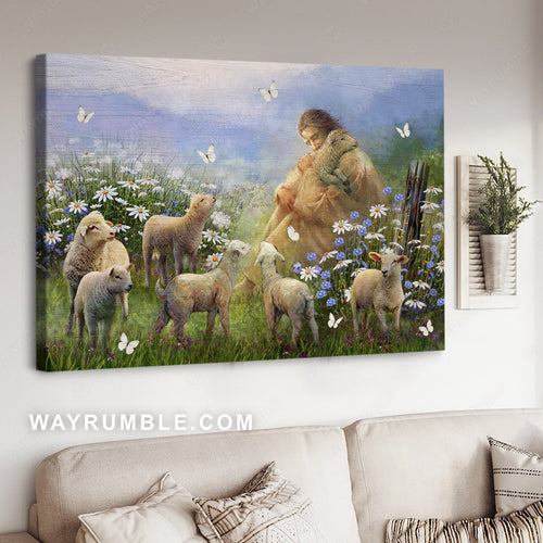 Daisy flower, Lamb of God, White butterfly, Jesus painting, God in a peaceful valley - Jesus Landscape Canvas Prints, Christian Wall Art