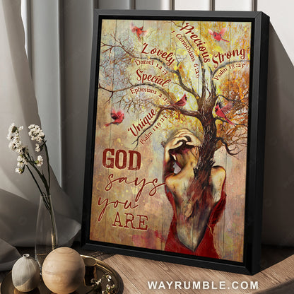 Abstract tree painting, Red cardinal, Autumn season, Bible verses, God says you are - Jesus Portrait Canvas Prints, Home Decor Wall Art