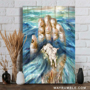 Blue ocean, Abstract painting, Lamb of God, Daisy flower, In God's hand - Jesus Portrait Canvas Prints, Home Decor Wall Art