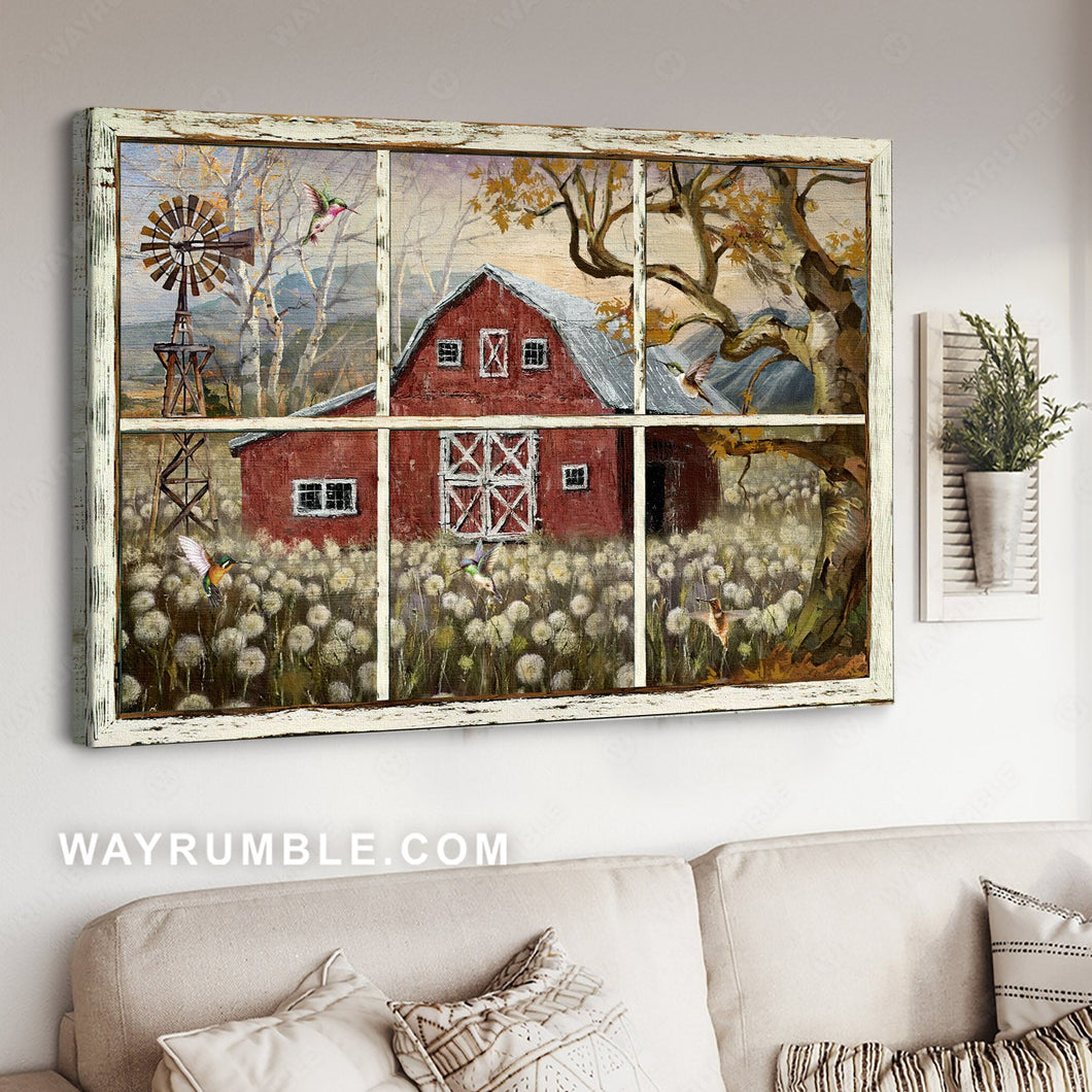 Rustic farmhouse, Dandelion field, Watercolor hummingbird, Peaceful farm - Jesus Landscape Canvas Prints, Home Decor Wall Art