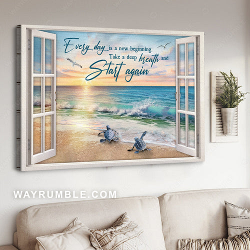 Beach painting, Sea turtles, Inspirational quote, Every day is a new beginning - Jesus Landscape Canvas Prints, Home Decor Wall Art