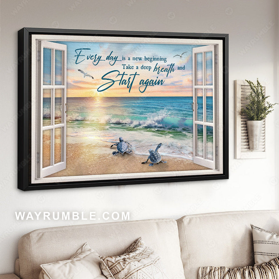 Beach painting, Sea turtles, Inspirational quote, Every day is a new beginning - Jesus Landscape Canvas Prints, Home Decor Wall Art
