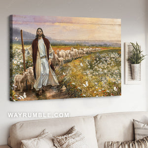 Lamb of God, Daisy flower, White butterfly, Jesus painting, Walking with lambs - Jesus Landscape Canvas Prints, Christian Wall Art