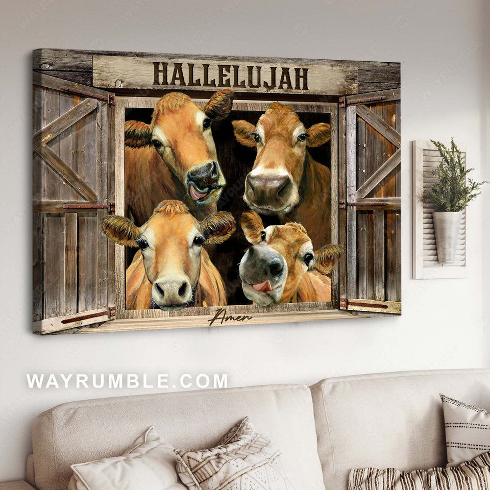 Abstract farm cow, Funny cow painting, Rustic country farmhouse, Hallelujah - Jesus Landscape Canvas Prints, Home Decor Wall Art