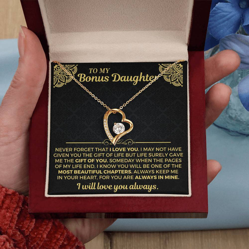 To My Bonus Daughter Necklace - Forever Love Gift Set - Necklace for Daughter from Dad, Mom
