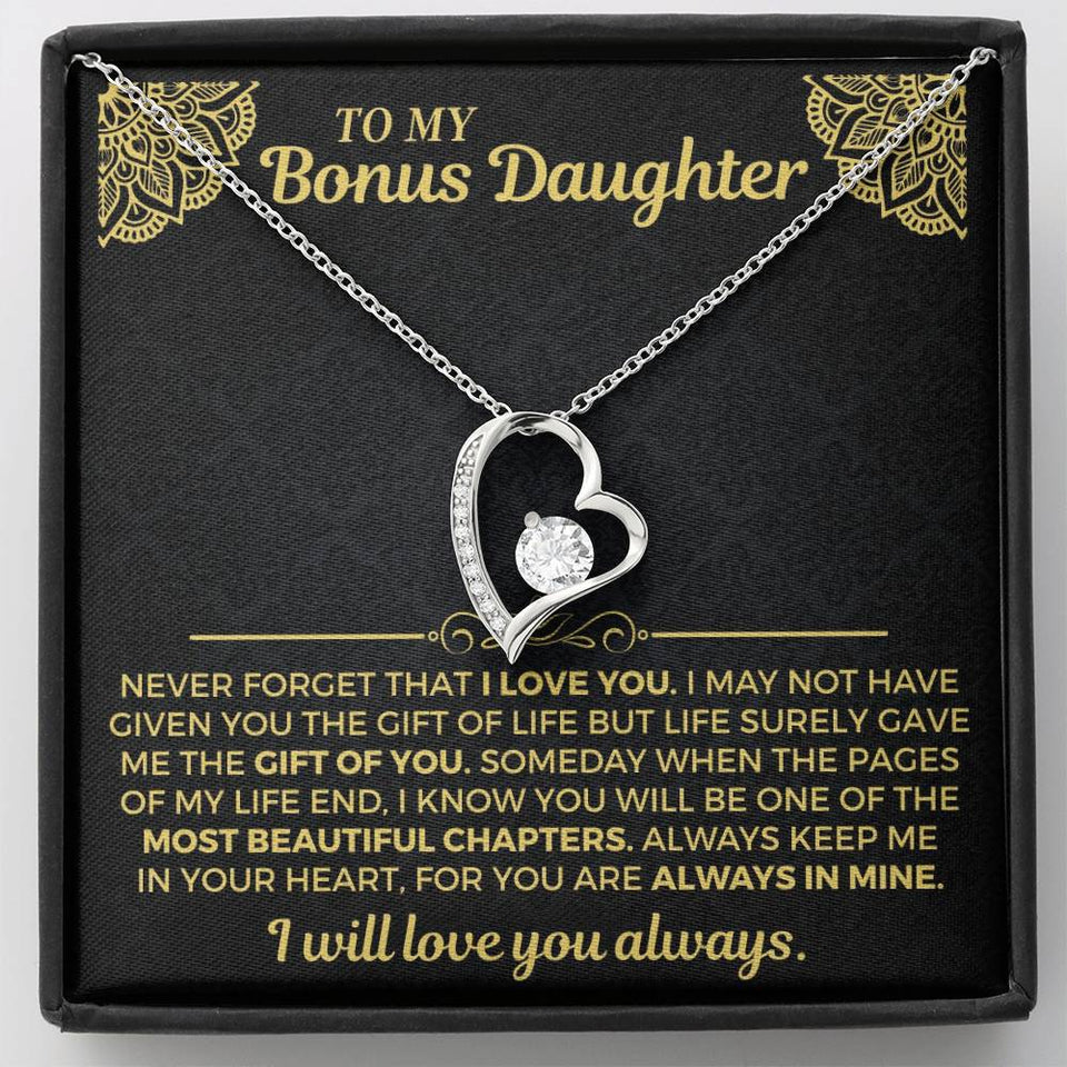 To My Bonus Daughter Necklace - Forever Love Gift Set - Necklace for Daughter from Dad, Mom