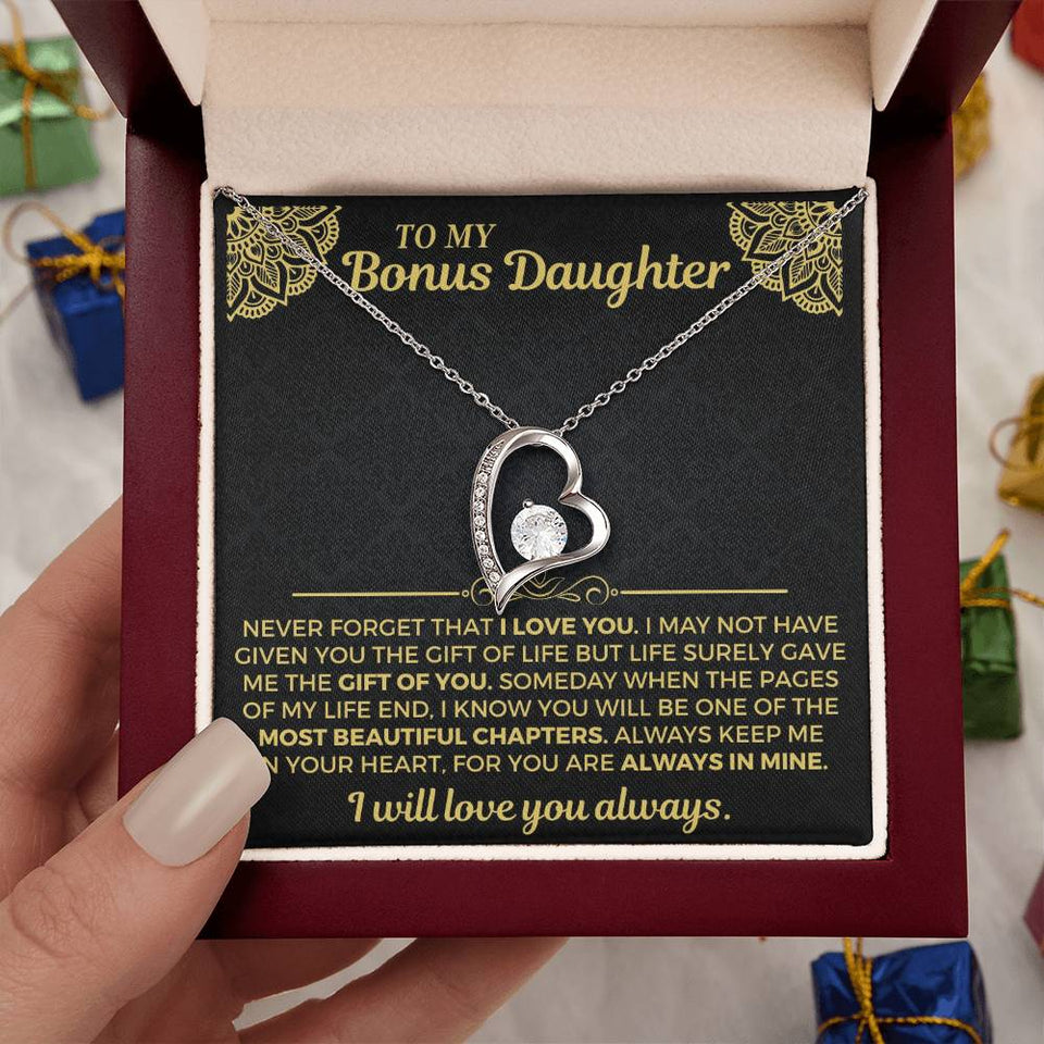To My Bonus Daughter Necklace - Forever Love Gift Set - Necklace for Daughter from Dad, Mom