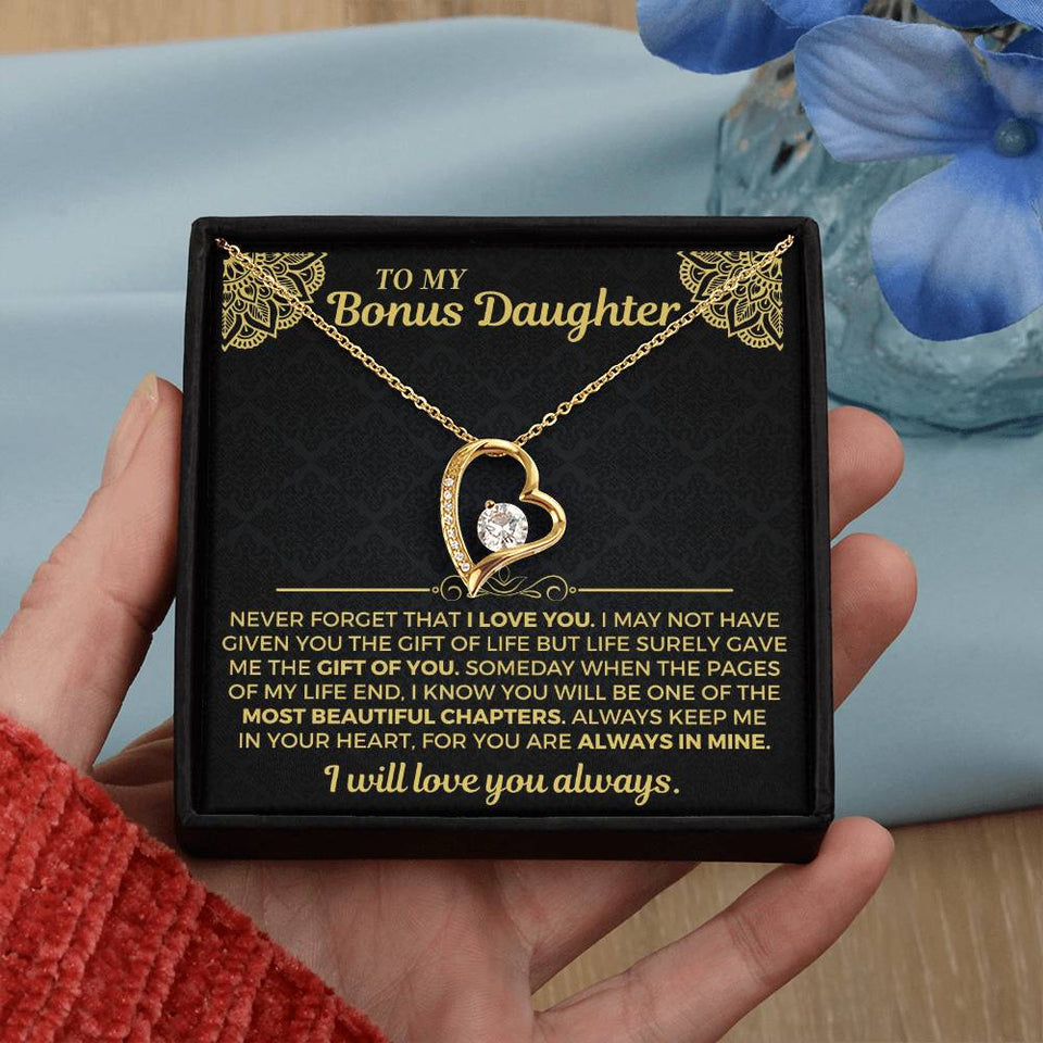 To My Bonus Daughter Necklace - Forever Love Gift Set - Necklace for Daughter from Dad, Mom