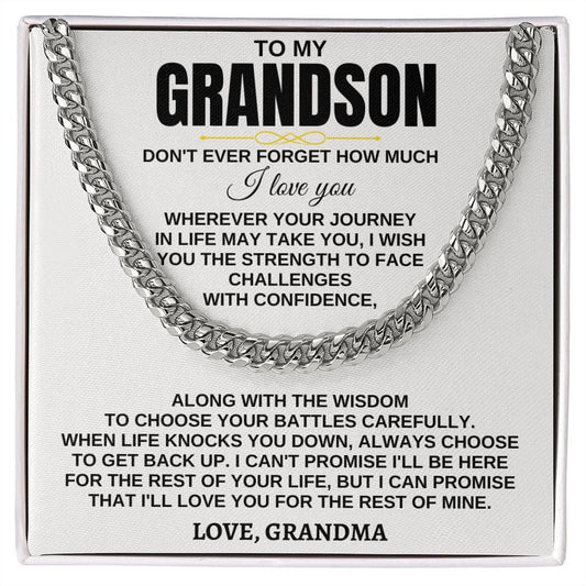 To My Grandson Necklace - Wherever Your Journey - Don't Have Forget Much I Love you, Necklace for Grandson, Cuban Link Chain Necklace