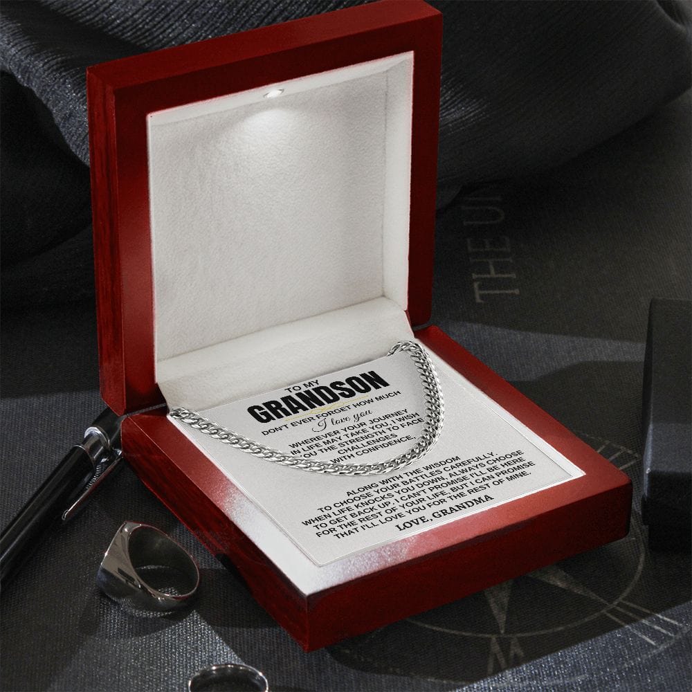 To My Grandson Necklace - Wherever Your Journey - Don't Have Forget Much I Love you, Necklace for Grandson, Cuban Link Chain Necklace