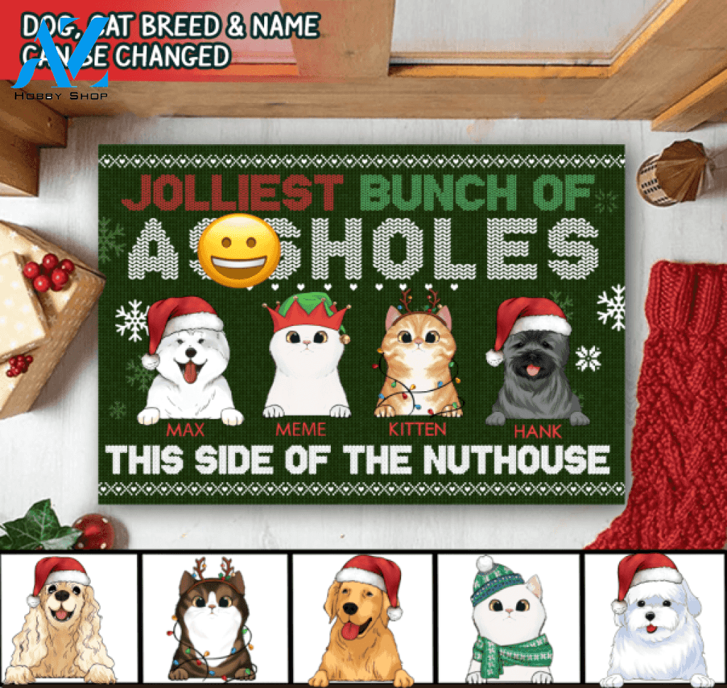 Jolliest Bunch of A**holes This Side of the Nuthouse - Personalized Christmas Doormat