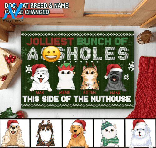 Jolliest Bunch of A**holes This Side of the Nuthouse - Personalized Christmas Doormat