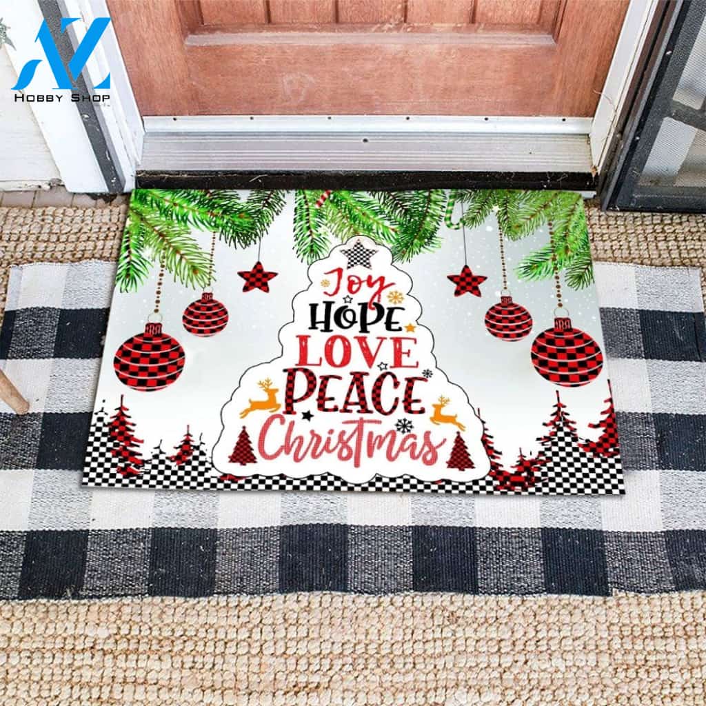 Joy Hope Love Peace Christmas Indoor And Outdoor Doormat Housewarming Welcome Mat, Gift For Christmas, Lovers, Family