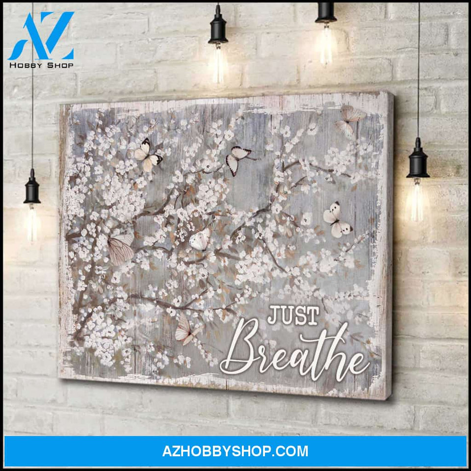 Just Breathe Cherry Blossom and Butterfly Canvas Wall Art Decor