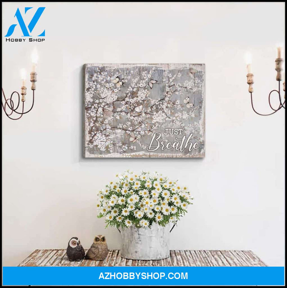 Just Breathe Cherry Blossom and Butterfly Canvas Wall Art Decor