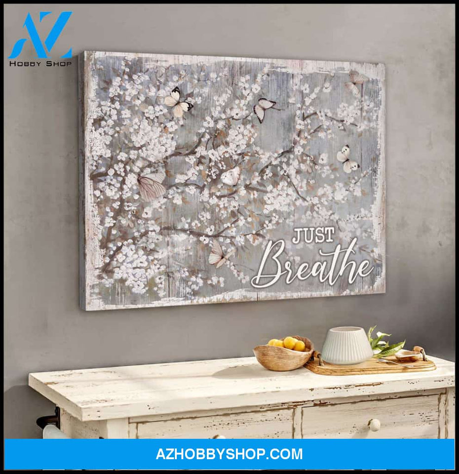 Just Breathe Cherry Blossom and Butterfly Canvas Wall Art Decor