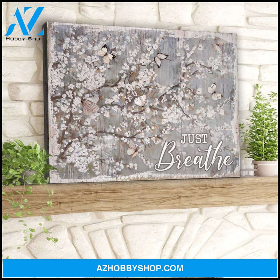 Just Breathe Cherry Blossom and Butterfly Canvas Wall Art Decor