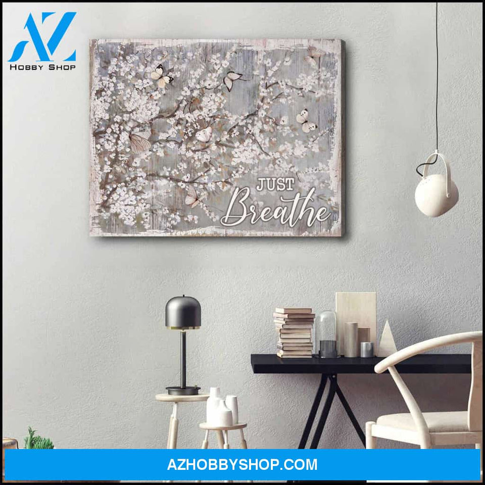Just Breathe Cherry Blossom and Butterfly Canvas Wall Art Decor