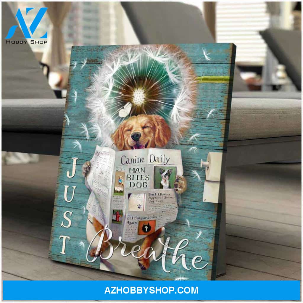 Just Breathe Puppy Golden Retriever Dandelion Bathroom Canvas Wall Art Decor