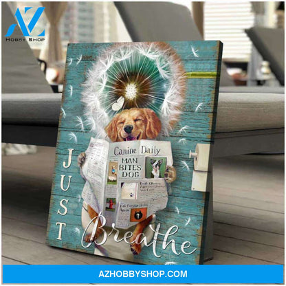 Just Breathe Puppy Golden Retriever Dandelion Bathroom Canvas Wall Art Decor