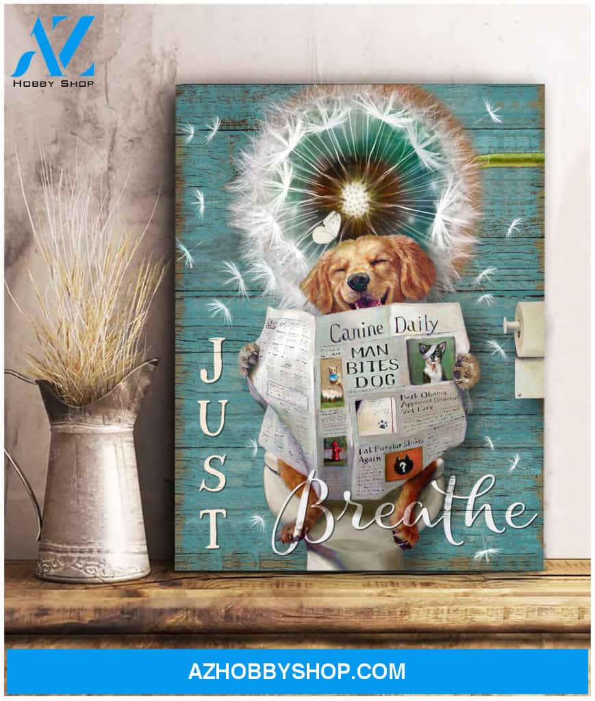 Just Breathe Puppy Golden Retriever Dandelion Bathroom Canvas Wall Art Decor