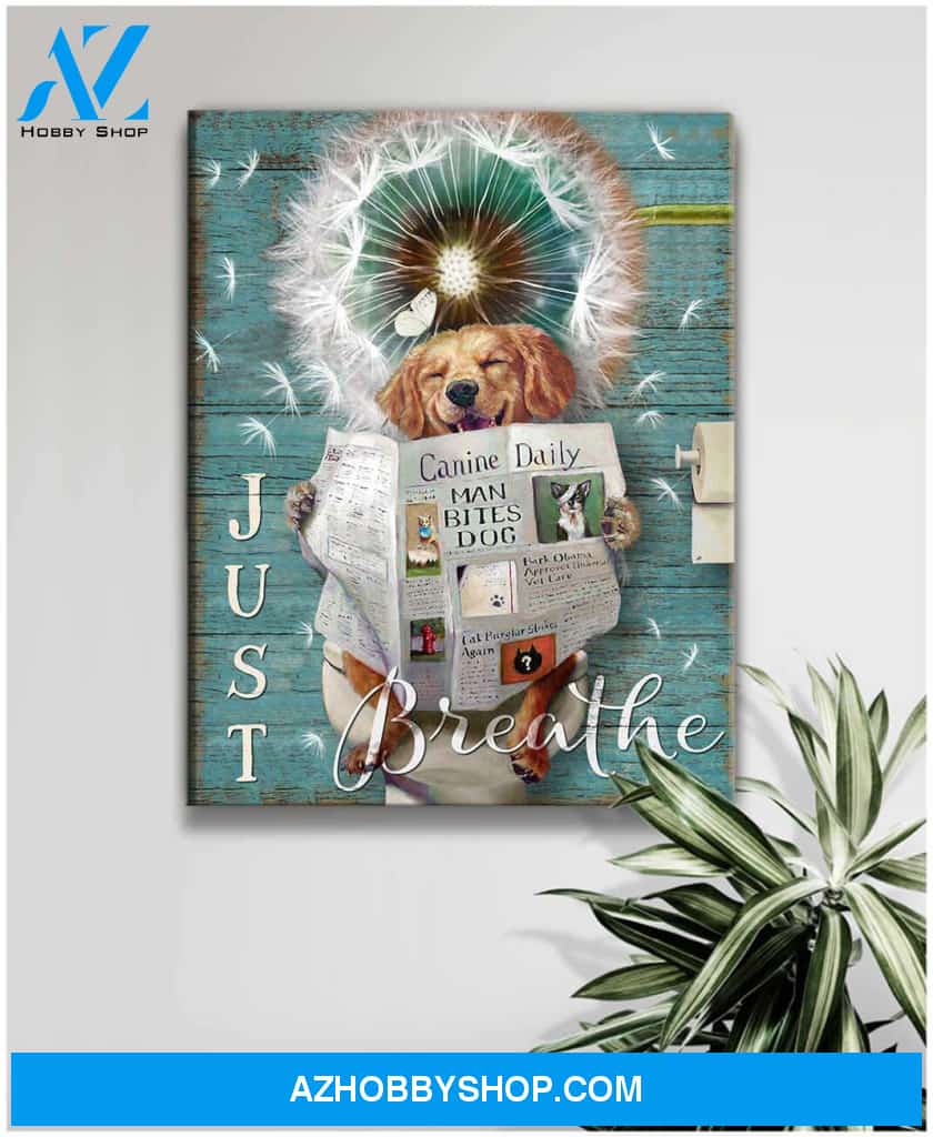 Just Breathe Puppy Golden Retriever Dandelion Bathroom Canvas Wall Art Decor