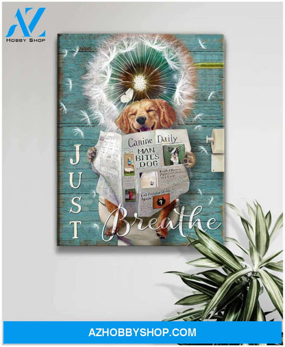 Just Breathe Puppy Golden Retriever Dandelion Bathroom Canvas Wall Art Decor