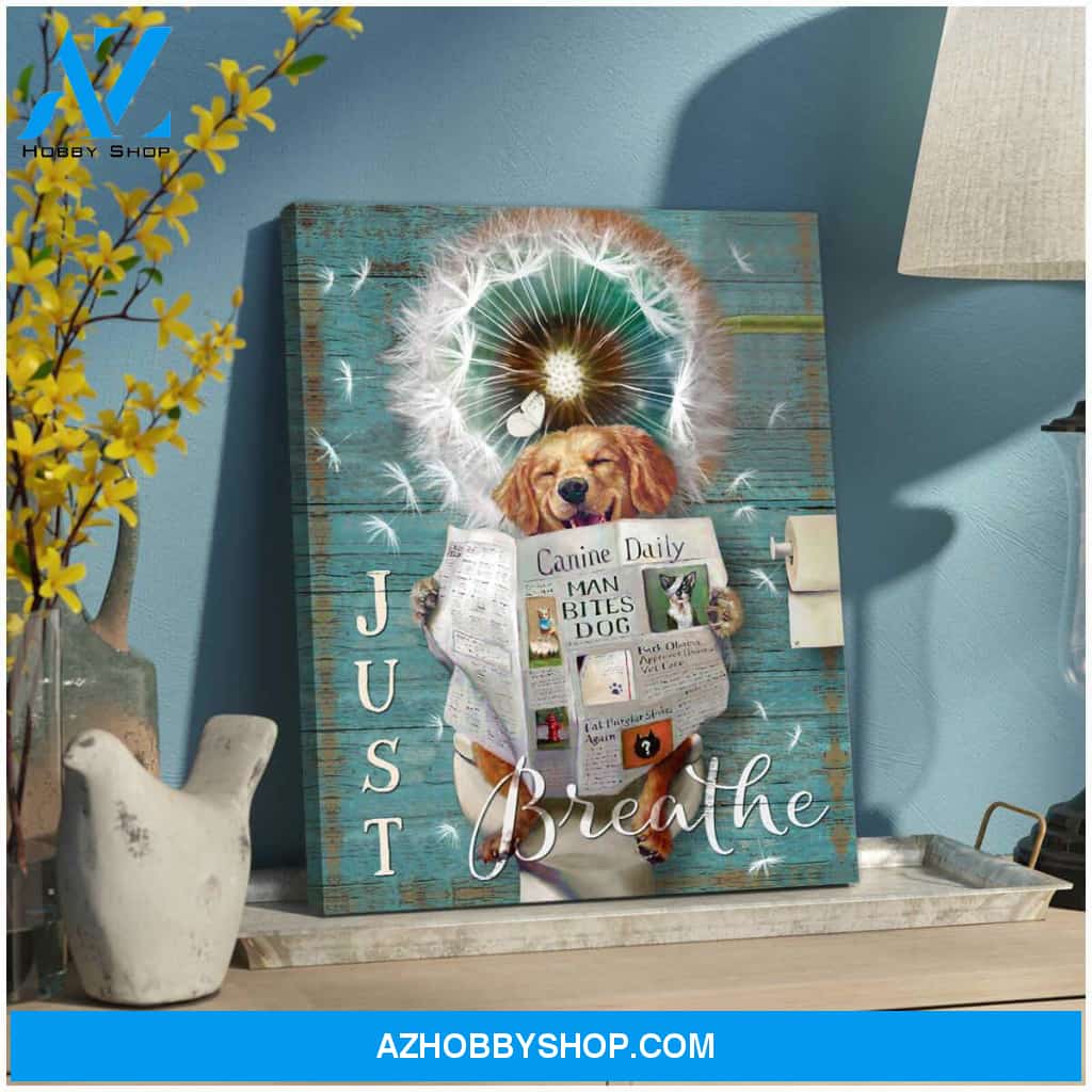 Just Breathe Puppy Golden Retriever Dandelion Bathroom Canvas Wall Art Decor