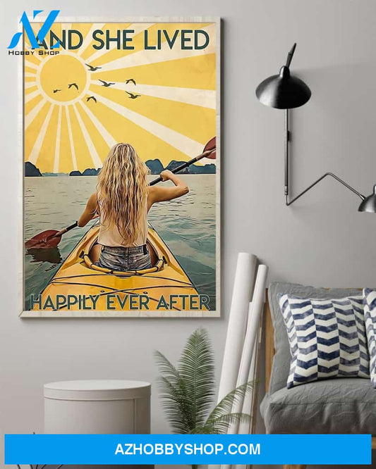 Kayaking She Lived Happily Vertical Art Canvas, Wall Decor Visual Art